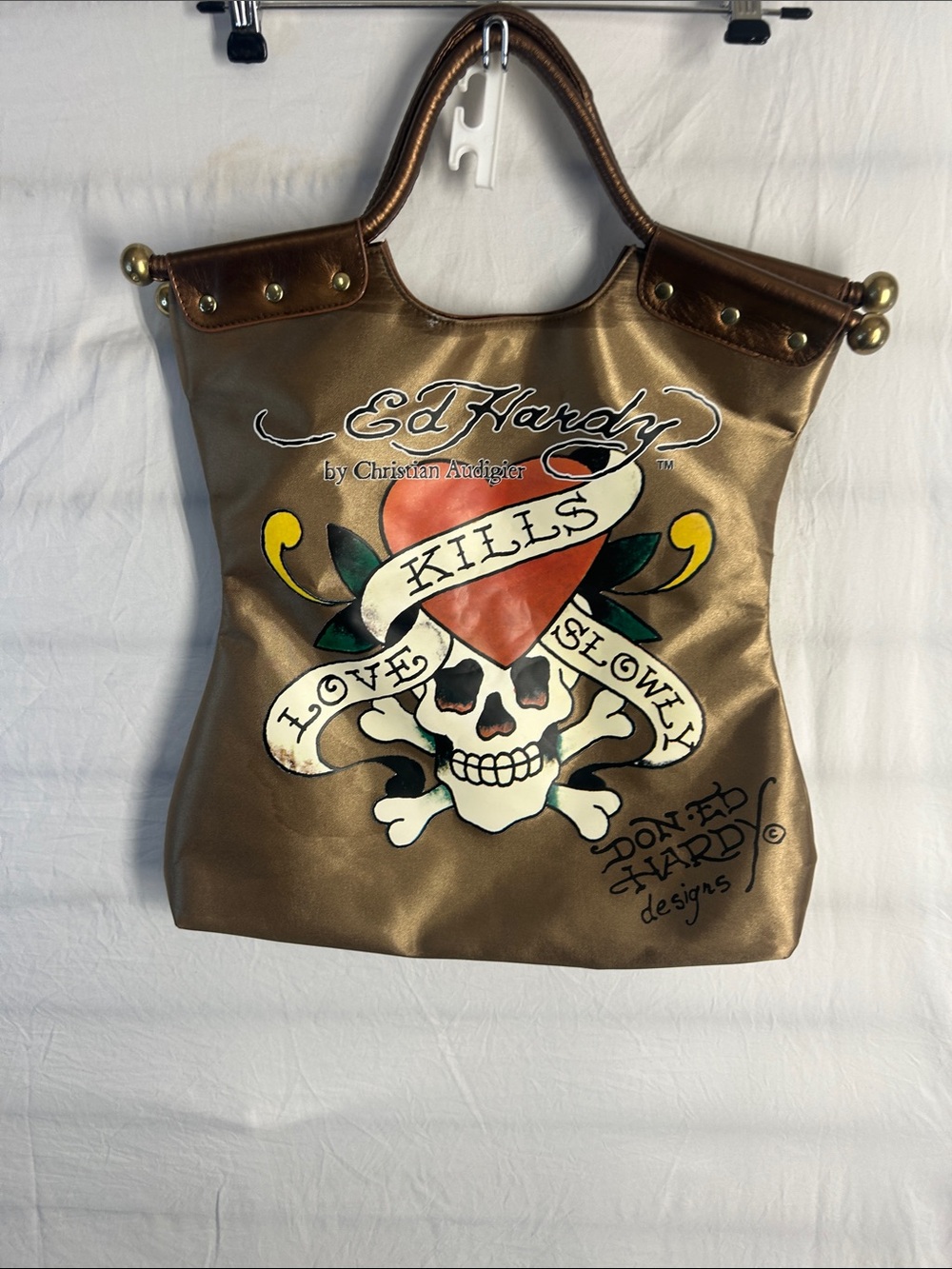 Ed Hardy Metallic Bronze Tote with Heart & Skull Graphic
